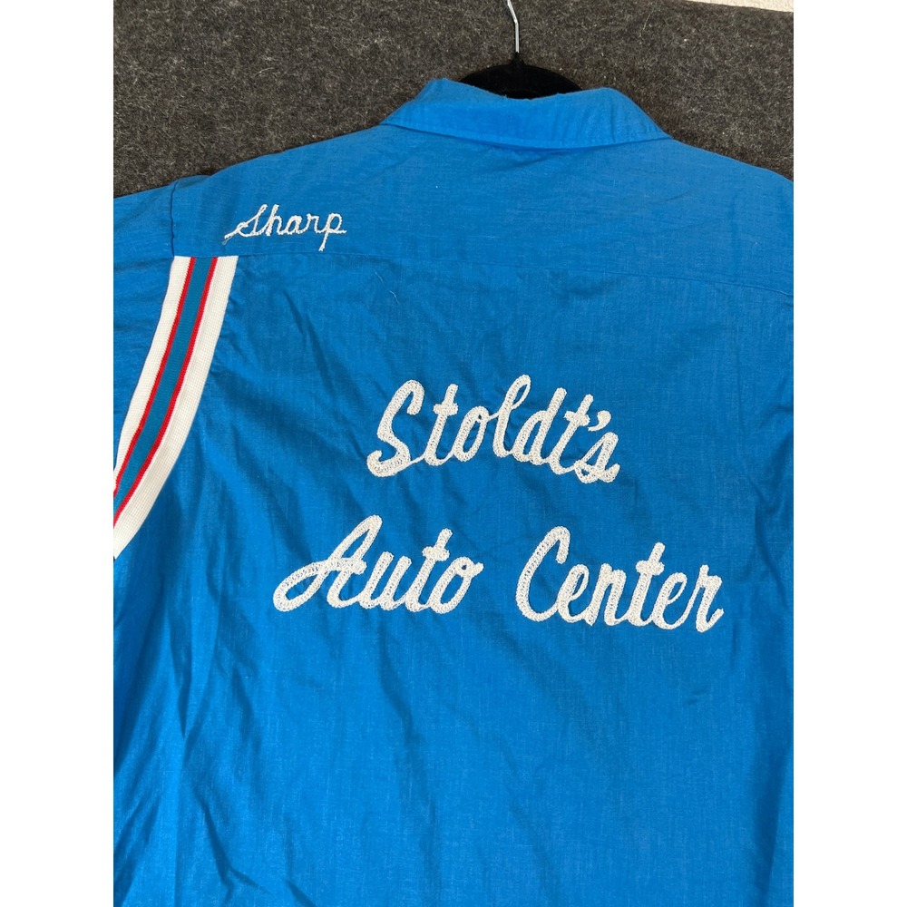 VTG 60s Hilton Bowling Shirt Blue Stoldts Auto Center Allan Chain Stitch Mens L
